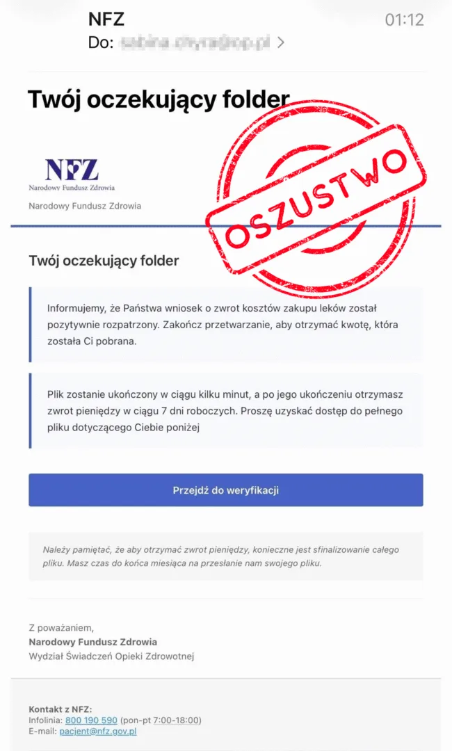 Oszustwo na NFZ screen wiadomości (fot. nadesłane)